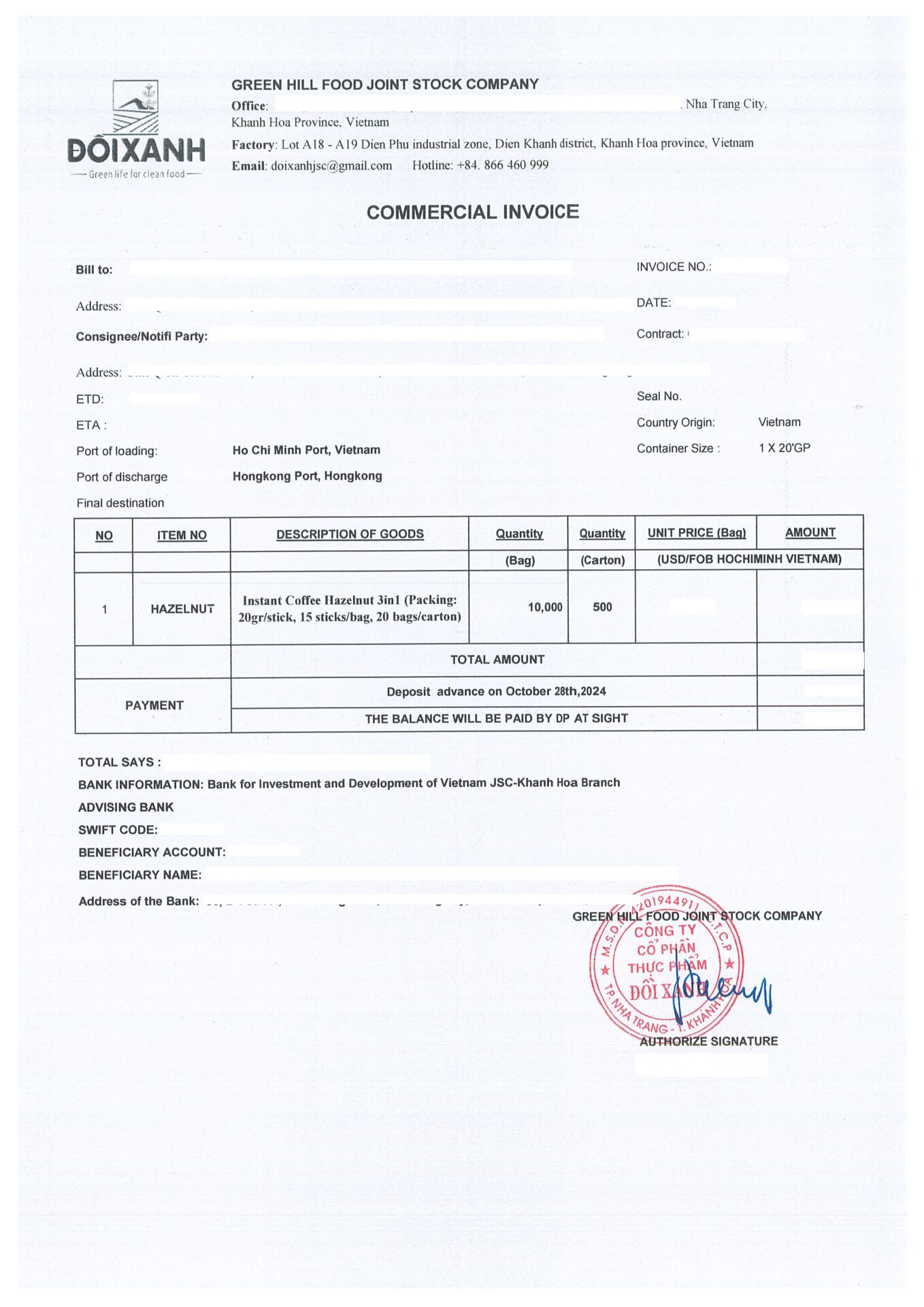 Virota Cafe | chứng từ xuất khẩu cà phê | Vietnam coffee export | Commercial invoice